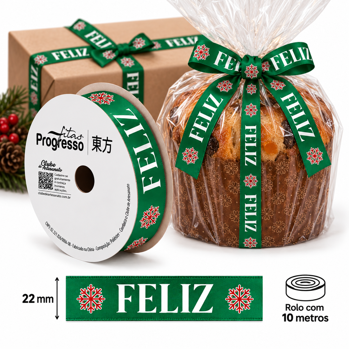 Fita Cetim Feliz Natal (ECF005S Cor 306) 22mmx10m - Fitas Progresso
