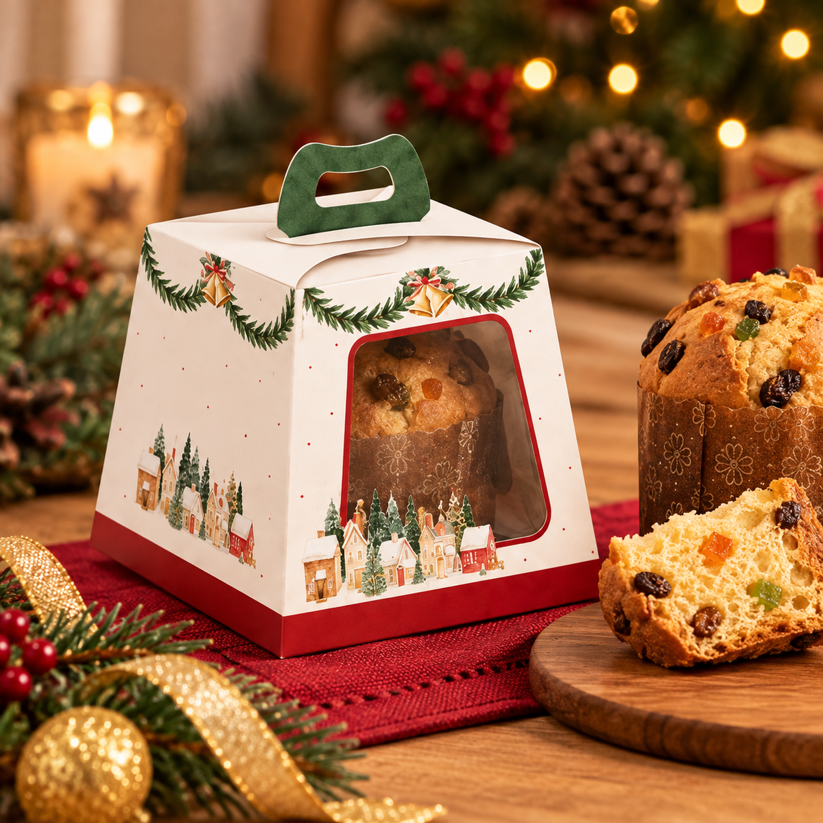 Caixa de Panetone "Memórias de Natal" 100g - Marfim - 10x10x9cm - Cromus