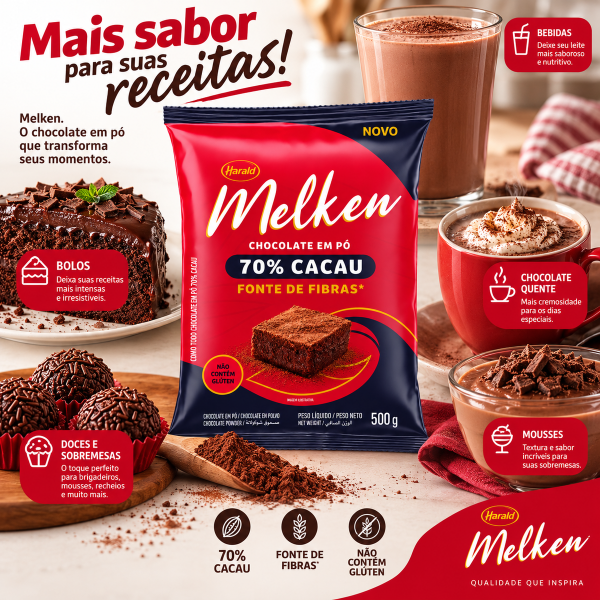 Chocolate em Pó 70% Cacau Melken - 500g - Harald