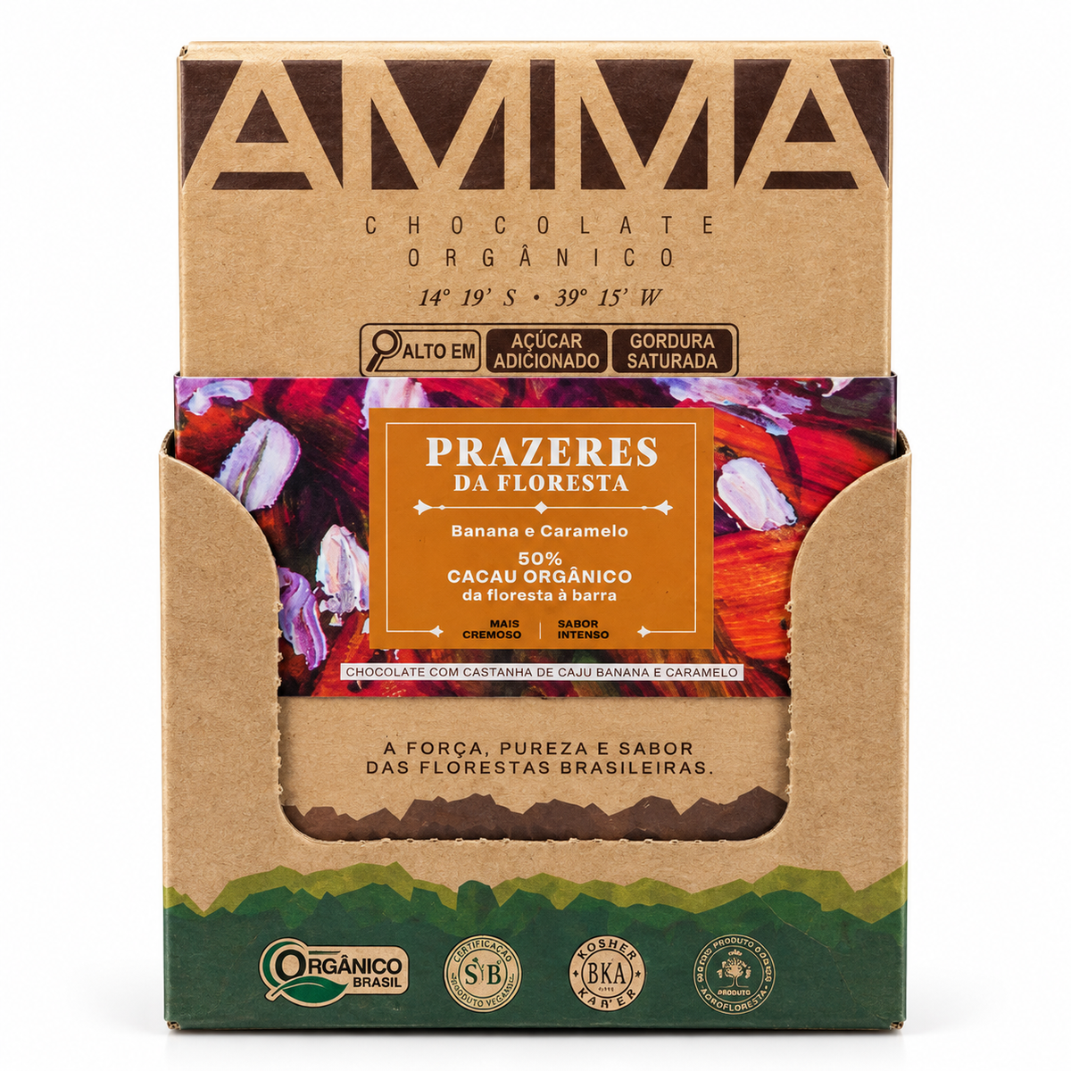 Chocolate Orgânico - Prazeres da Floresta - 50% Castanha de Caju, Banana e Caramelo - 80g - Amma