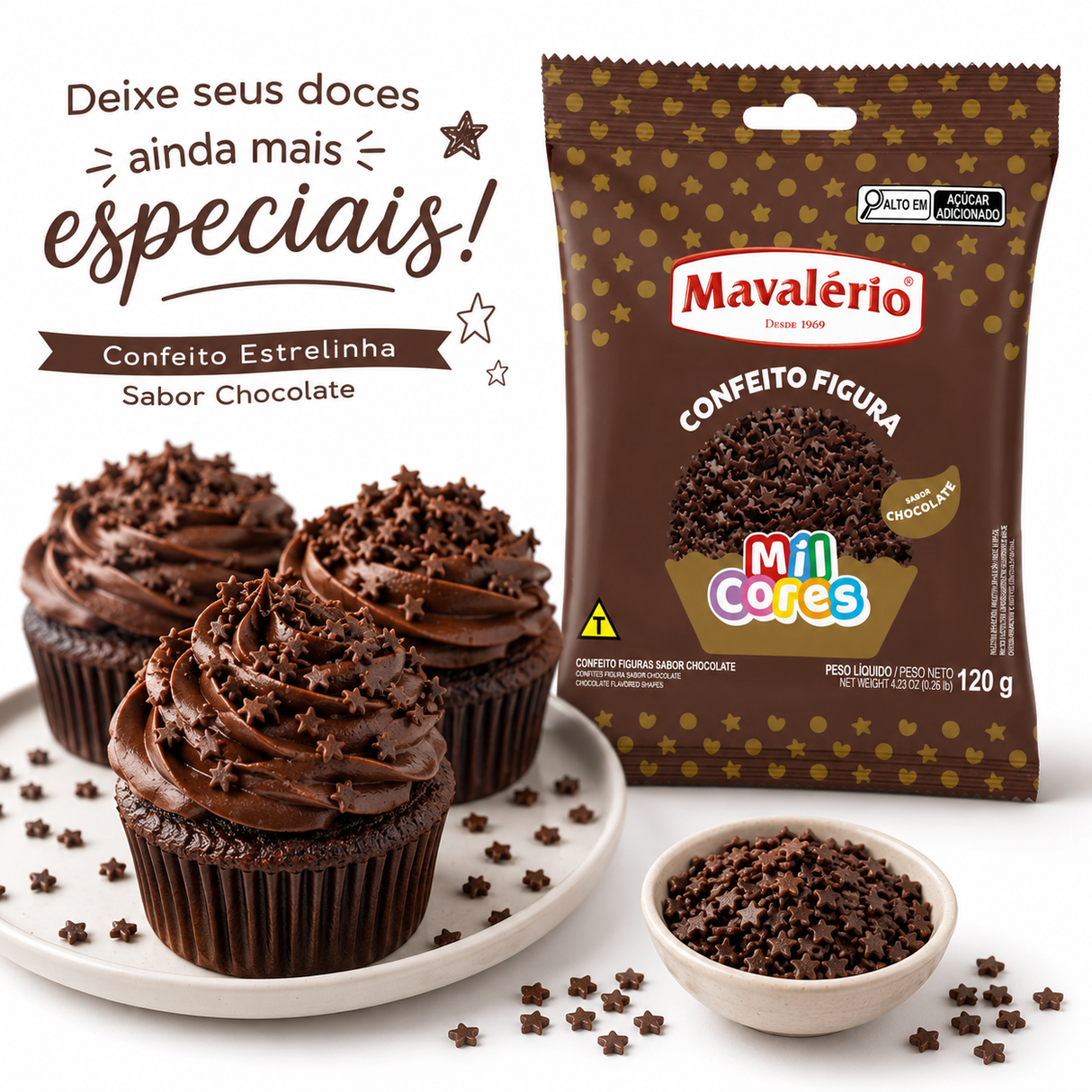 Confeito Figura Estrelinhas - Sabor Chocolate - 120g - Mavalério
