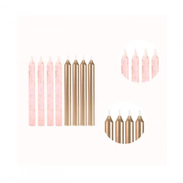 Vela Palito Rosa Glitter Dourado V162 8 Unidades - Silver Festas