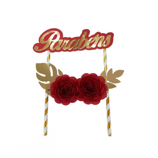 Topper De Bolo Com 2 Flor Marsala Ouro - Jmeg Festas