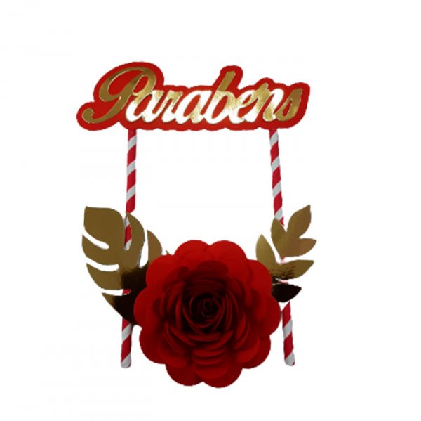 Topper De Bolo Com 1 Flor Vermelha Ouro - Jmeg Festas