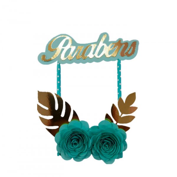 Topper De Bolo Com 2 Flor Tiffany Ouro - Jmeg Festas