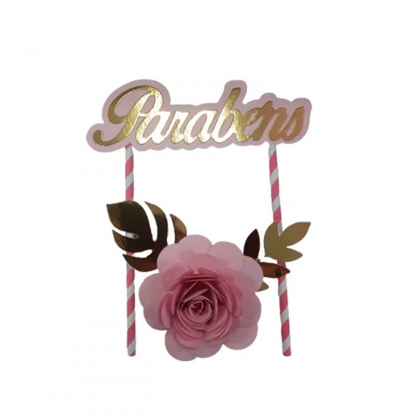 Topper De Bolo Com 1 Flor Rosaouro - Jmeg Festas