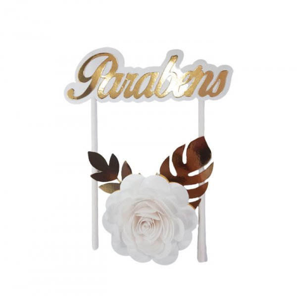 Topper De Bolo Com 1 Flor Branco Ouro - Jmeg Festas