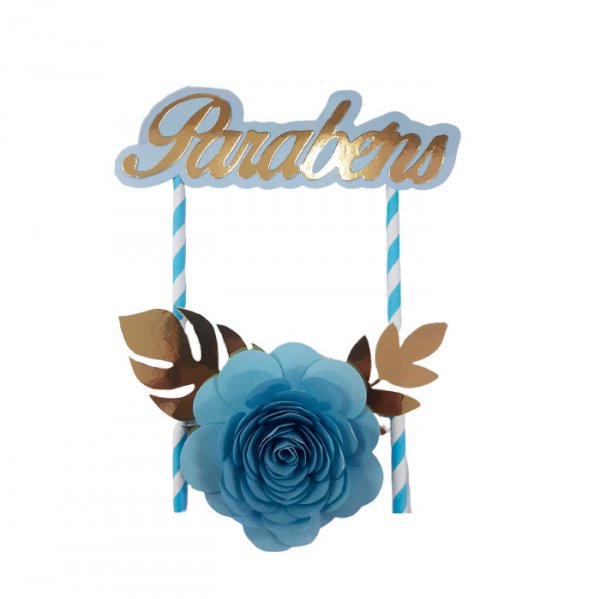 Topper De Bolo Com 1 Flor Azul Claro Ouro - Jmeg Festas