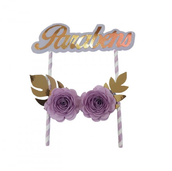Topper De Bolo Com 2 Flor Lilás Ouro - Jmeg Festas
