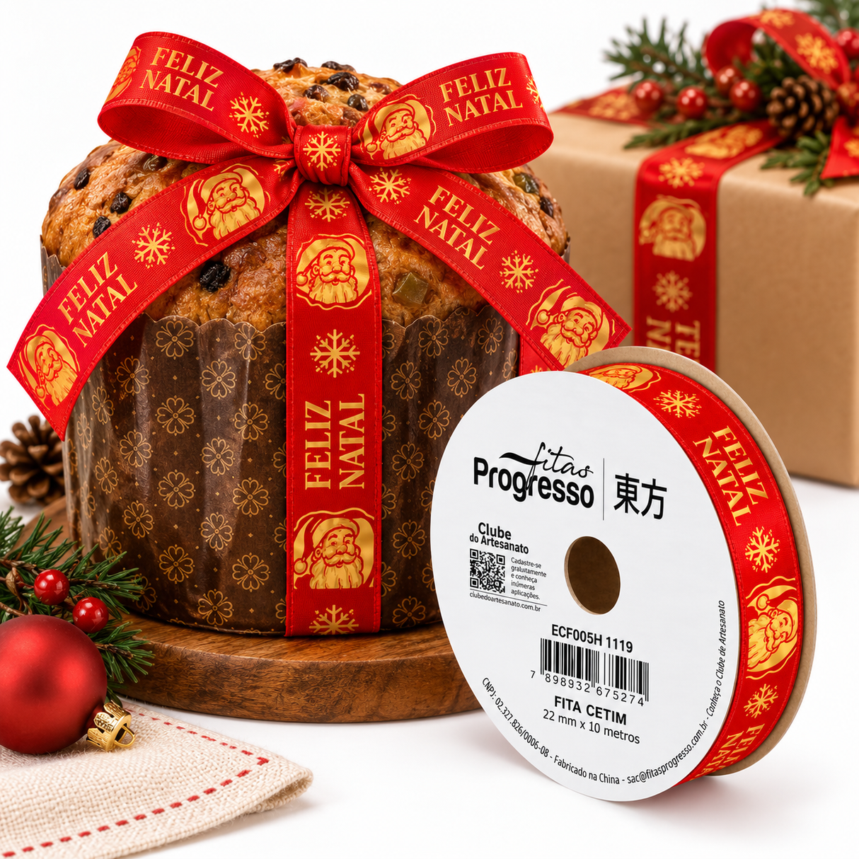 Fita Cetim Feliz Natal (ECF005H cor 1119) - 22mmx10m - Fitas Progresso