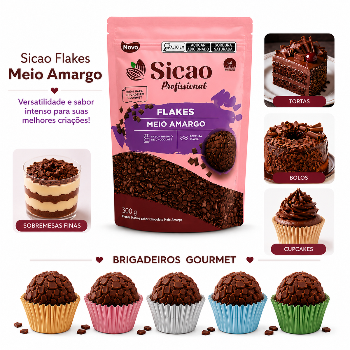 Granulado Flakes Sabor Chocolate Meio Amargo - 300g - Sicao