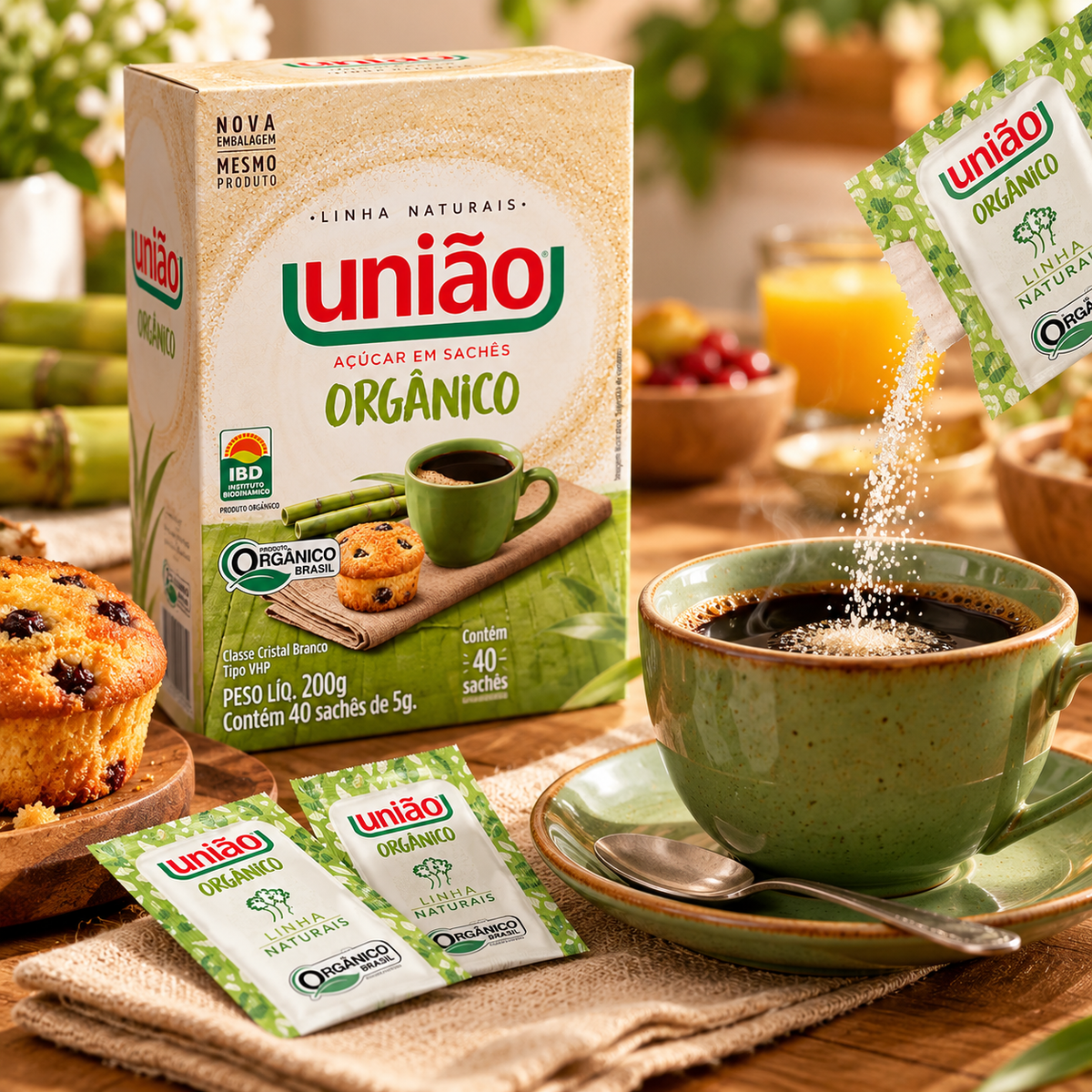 Açúcar Cristal Orgânico - 40 Sachês  - União