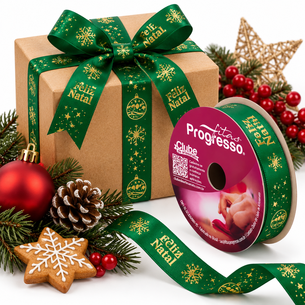 Fita Cetim Feliz Natal (ECF005H Cor 1120) - 22mmx10m - Fitas Progresso