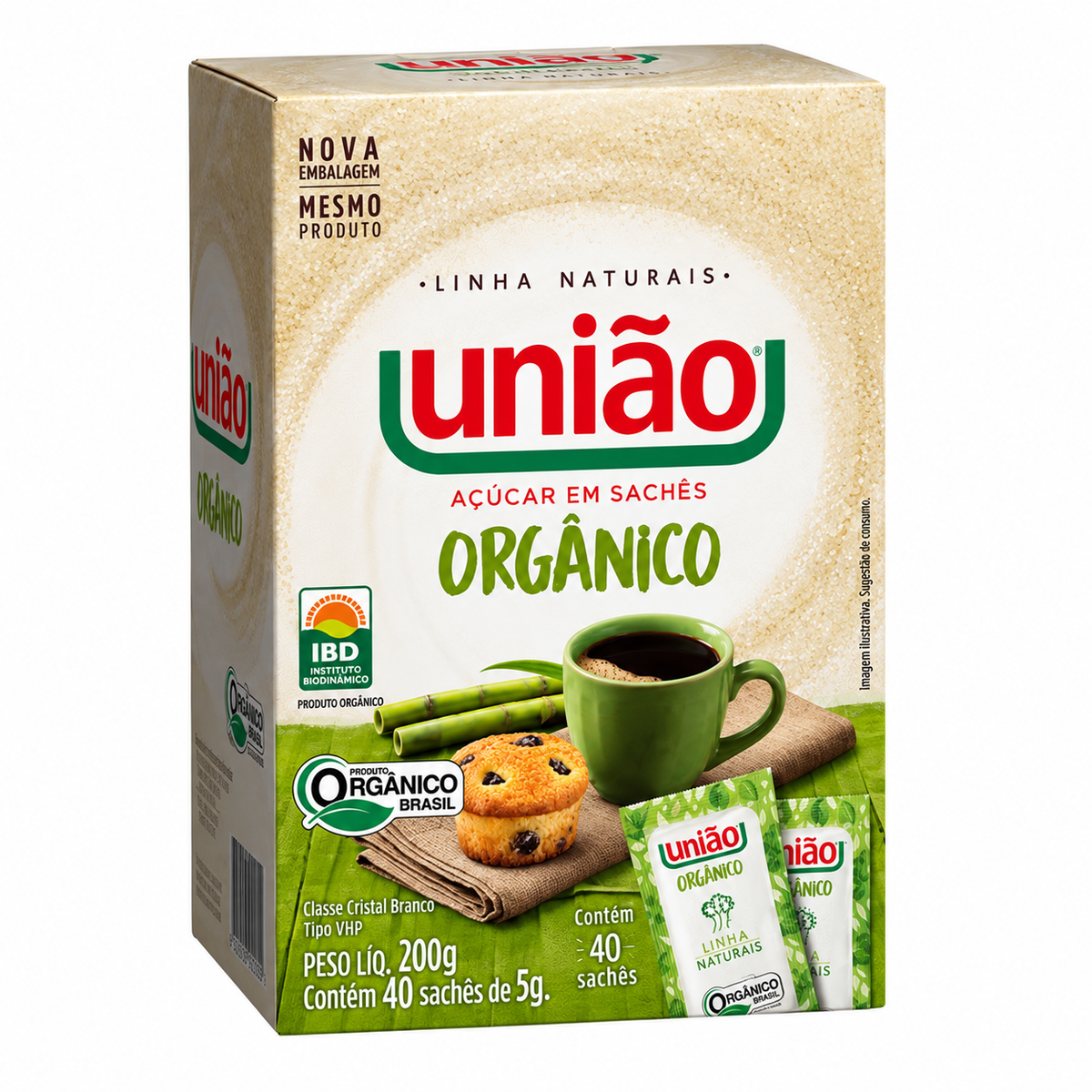 Açúcar Cristal Orgânico - 40 Sachês  - União