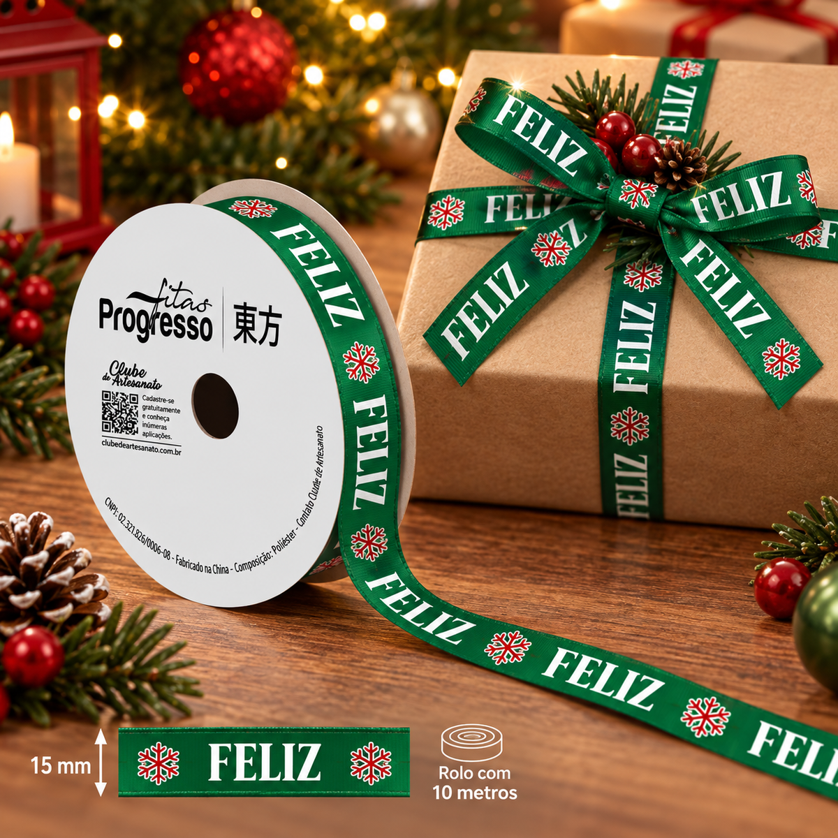 Fita Cetim Feliz Natal (ECF005H cor 528) - 15mmx10m - Fitas Progresso