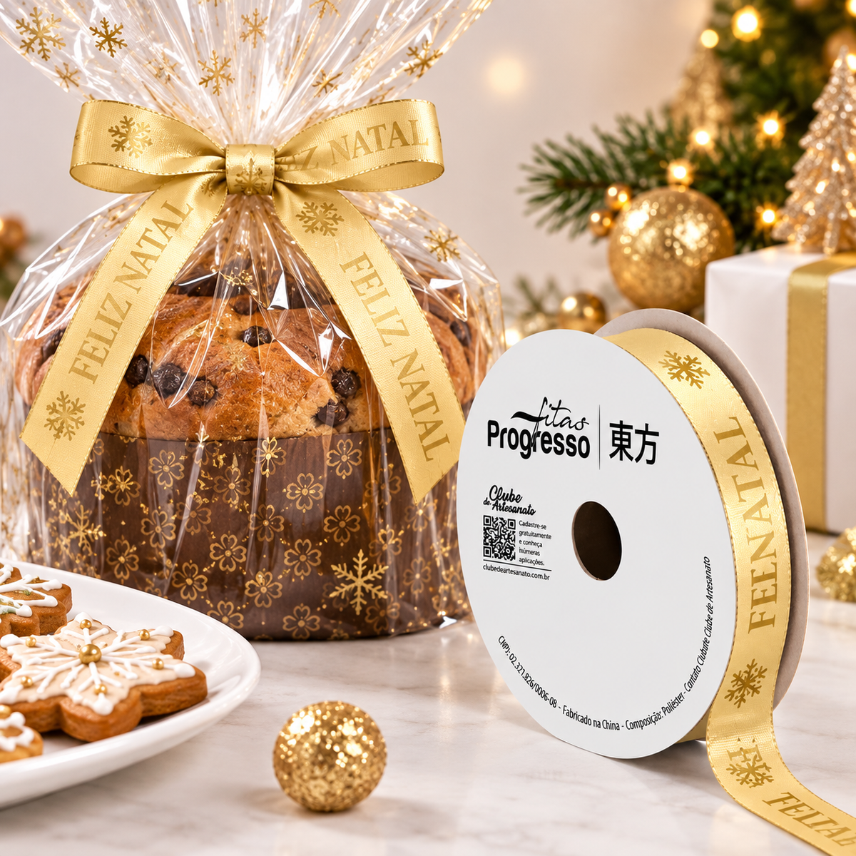 Fita Cetim Feliz Natal (ECF003H cor 529) - 22mmx10m - Fitas Progresso
