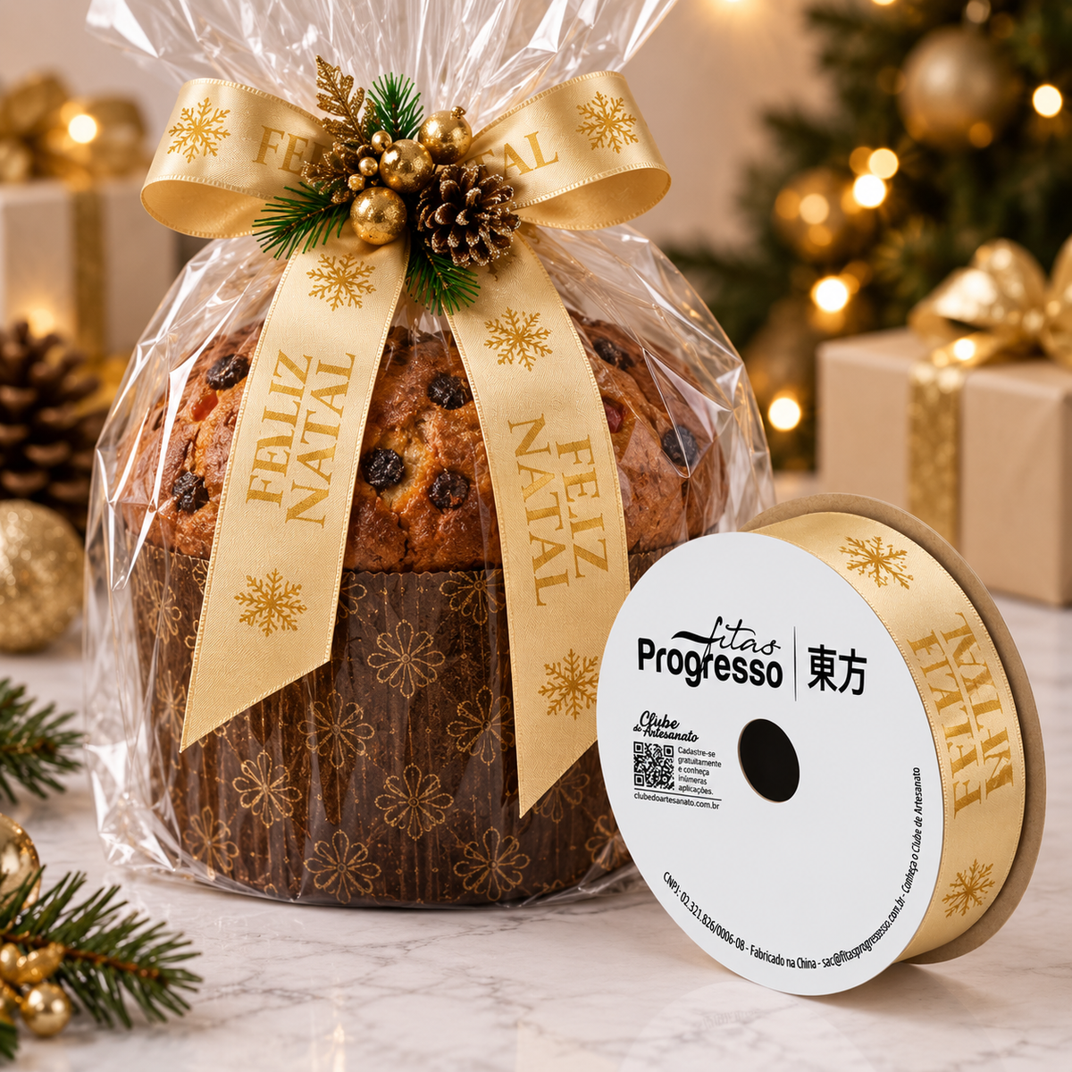 Fita Cetim Feliz Natal Ouro (ECF005H Cor 1121) - 22mmx10m - Fitas Progresso