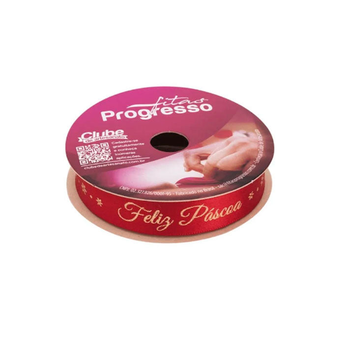 Fita Cetim Frase Feliz Páscoa Vermelha (ECF003H COR 480) 15mmX10m - Fitas Progresso