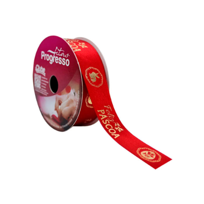 Fita Cetim Frase Feliz Páscoa Vermelho ( ECF005H COR974 ) 22mmx10m - Fitas Progresso
