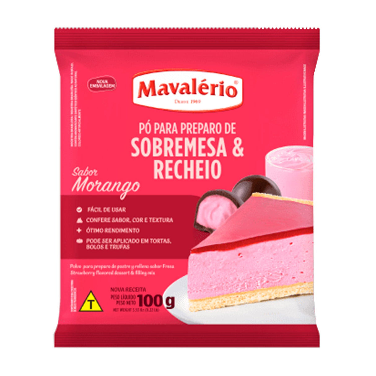Pó para Preparo de Sobremesa e Recheio Sabor Morango 100g - Mavalério
