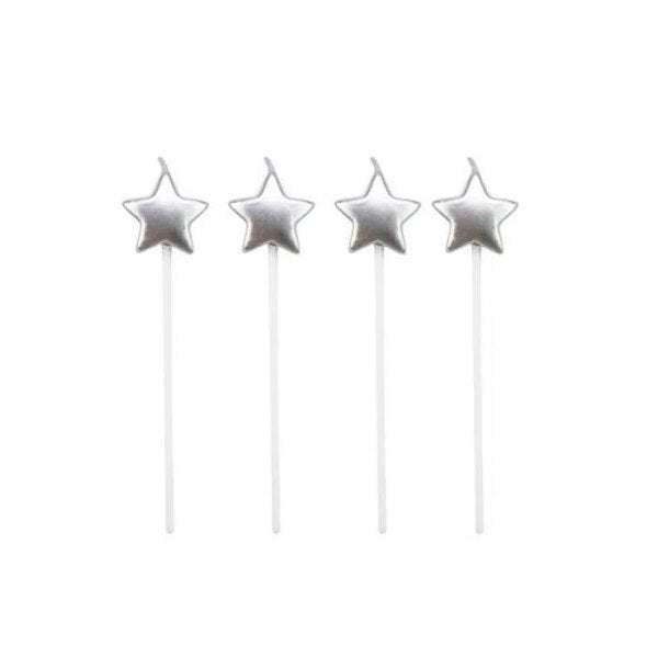 Vela Estrela Prata 4 Unidades V084 - Silver Festas