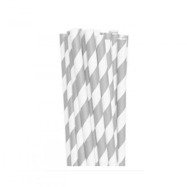 Canudo De Papel  Listrado Prata 15 Unidades - Silver Festas