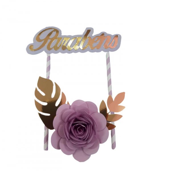 Topper De Bolo Com 1 Flor Lilás Ouro  - Jmeg Festas