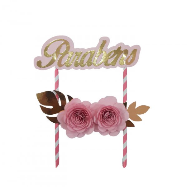 Topper De Bolo Com 2 Flor Rosa Ouro  - Jmeg Festas