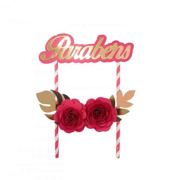 Topper De Bolo Com 2 Flor Pink Ouro  - Jmeg Festas