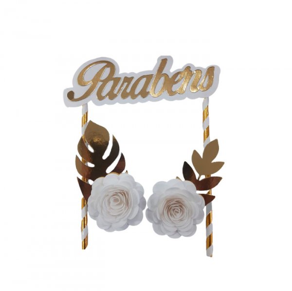 Topper De Bolo Com 2 Flor Branco Ouro  - Jmeg Festas