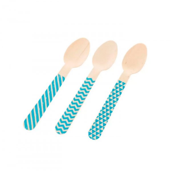 Colher De Madeira Azul (10Un) - Silver Festas