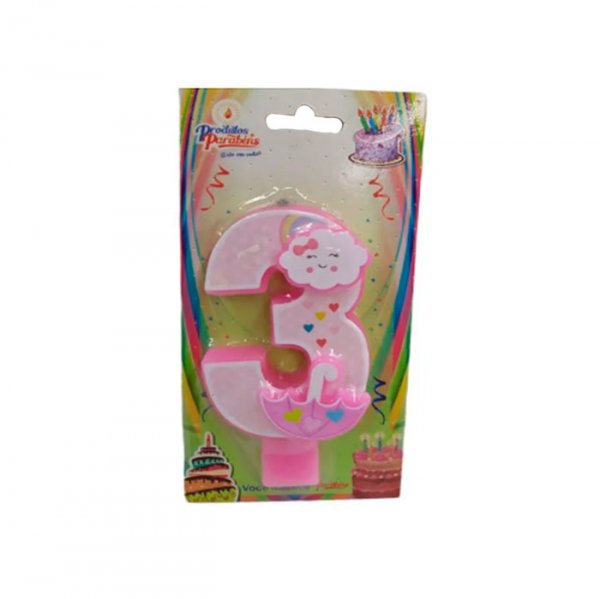 Vela Aniversario Chuva De Amor Rosa N°3 - Produtos Parabens