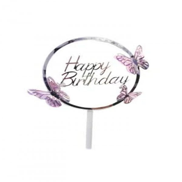 Topo Decorativo Happy Birthaday Borboleta Prata 21Cm - Vivarte