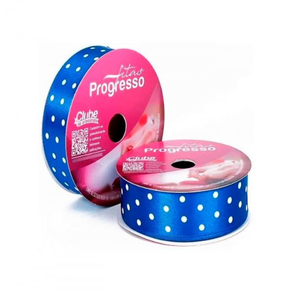 Fita Cetim Poa Azul Pavão/Branco Pcs005 (22Mmx10M) - Fitas Progresso